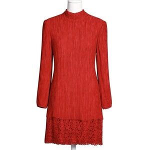 Vintage Pierre Labiche Red Sheath Dress 14 Pleated Mock Neck Lace Hem Retro